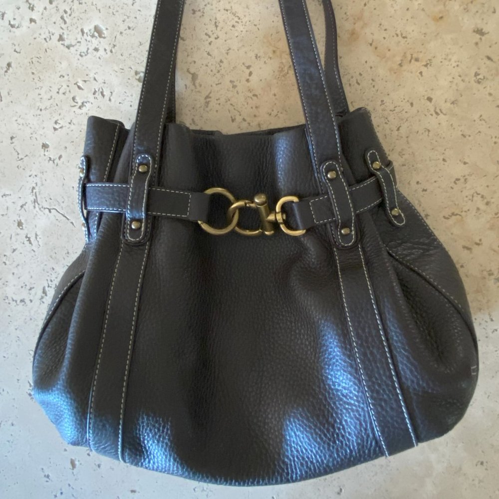 Talbots Brown Leather Cinch Bucket Bag Purse with Antique Gold Hardware